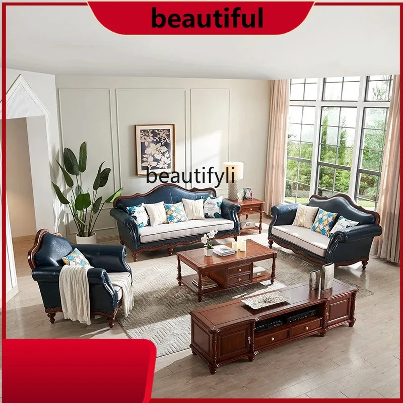 American rural solid wood leather sofa fabric cushion sofa living room light luxury sofa H