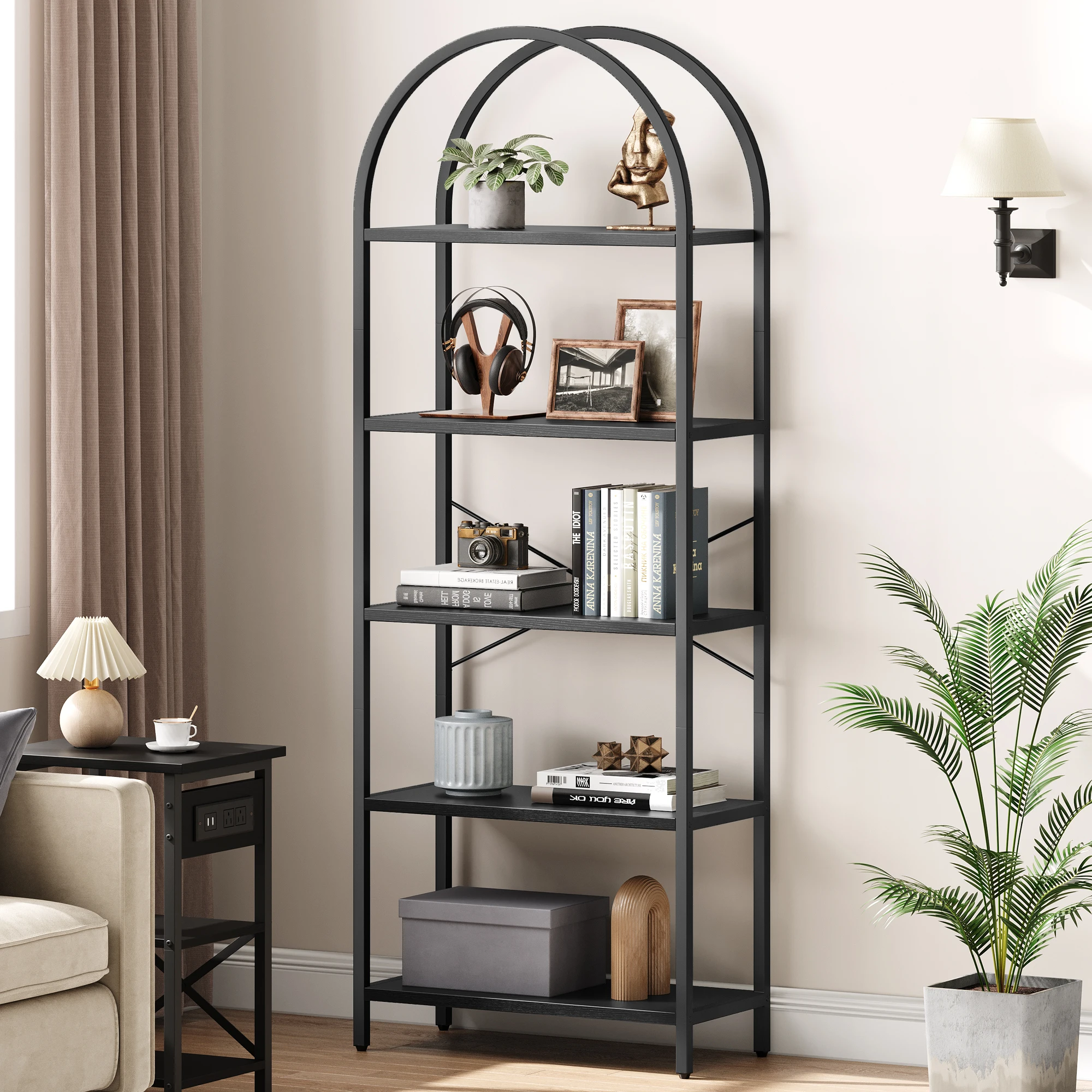 

Bookshelf 5 Tier Bookcase Arched Display Racks Tall Standing Bookshelves Metal Frame Open Storage Rack Shelf Large Book Shelf