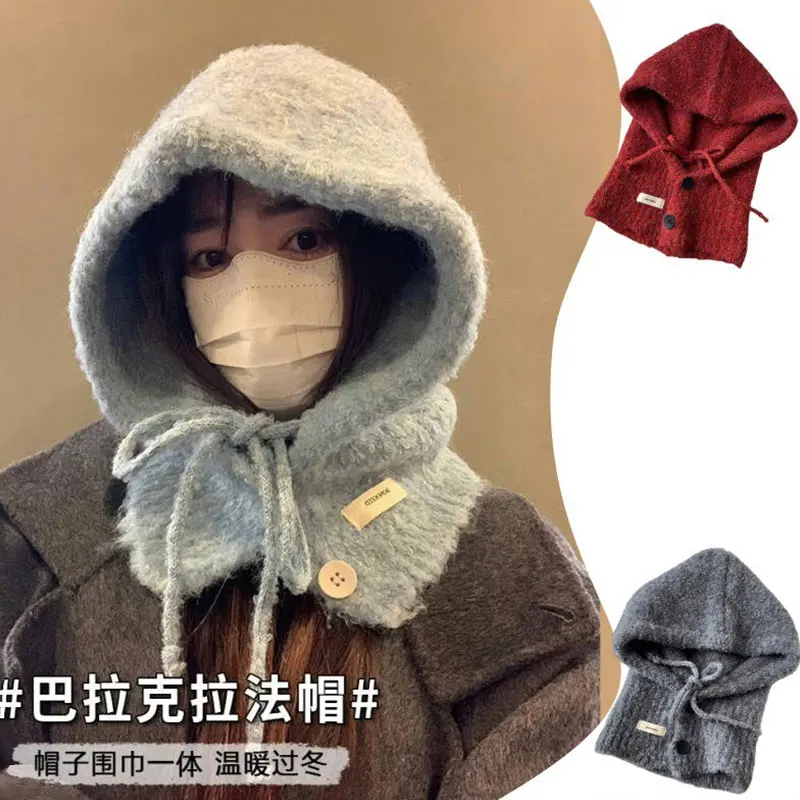 

Blue Balaclava Women Autumn and Winter Hat Scarf Integrated Fleece Blended Knitting Warm Earmuff Toque