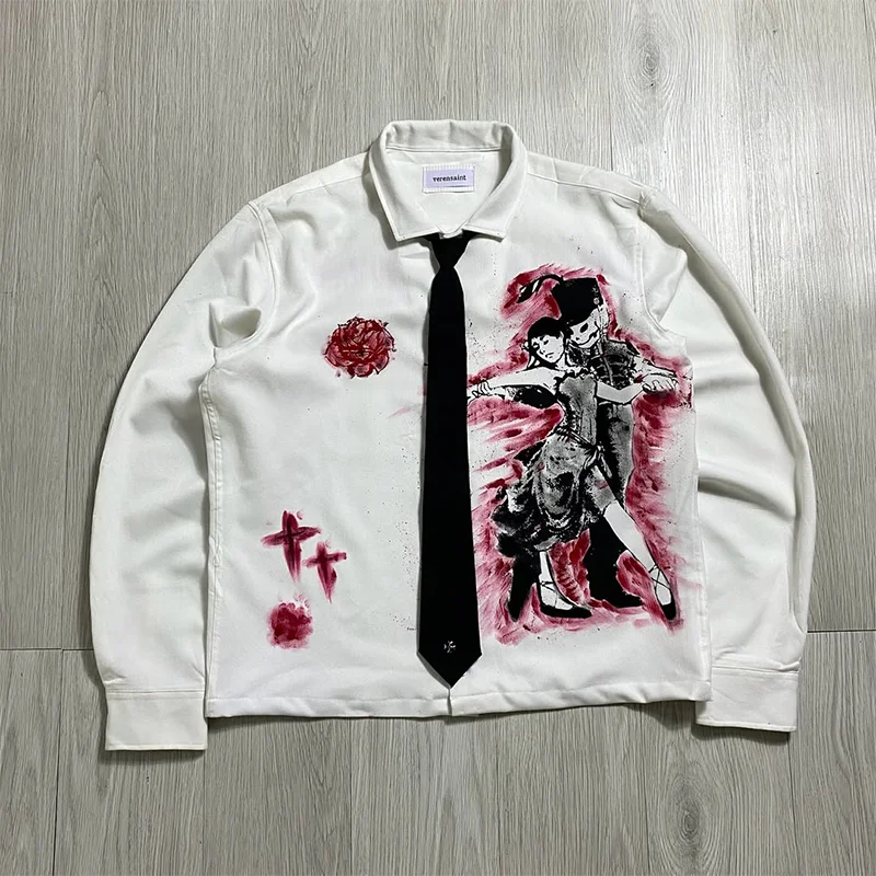 

Gothic Punk Romance Couple Dancing Graphic Printing Casual White Long Sleeved Shirt Y2K Fashion Men Women Retro Rock Streetwear