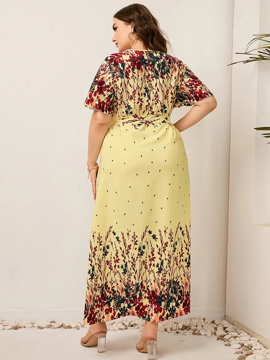 2023 kobiet lato długa sukienka V Neck krótki rękaw kwiatowy Print Boho plaża sukienka Curvy kobieta Plus Size odzież damska