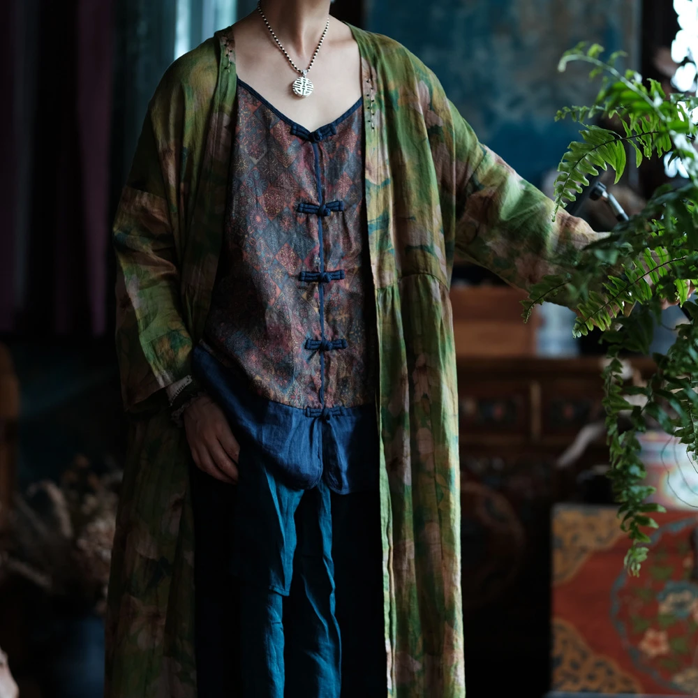 

Новое поступление 2025 года, весенняя винтажная стильная свободная женская рубашка с цветочным принтом и открытой строчкой M1069, 100% Ramie, женская повседневная длинная рубашка