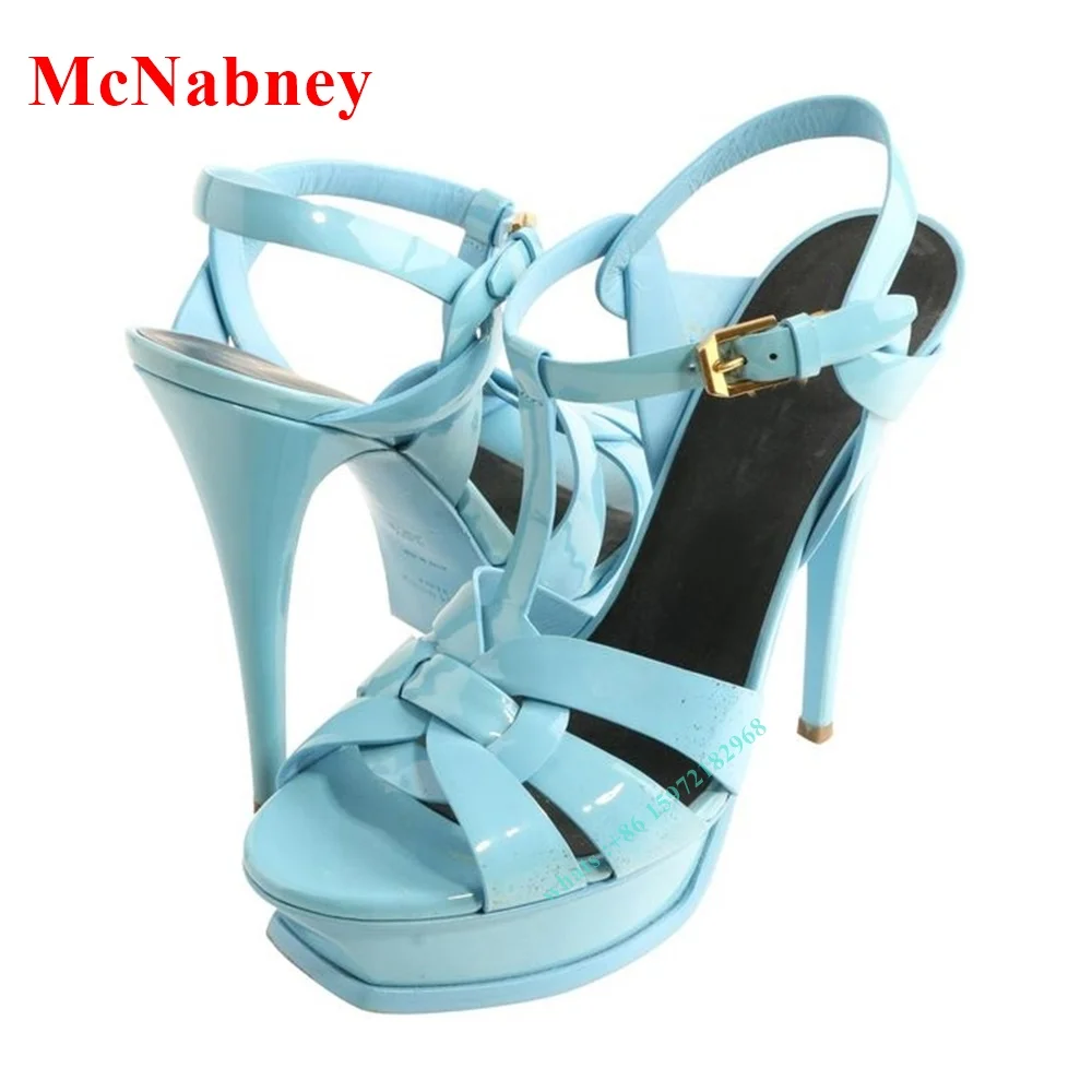 New Style Summer Knot Sandals Open Toe Platform Solid Patent Ankle Buckles Stiletto Heel Sandal Design Shoes Women Party Dress