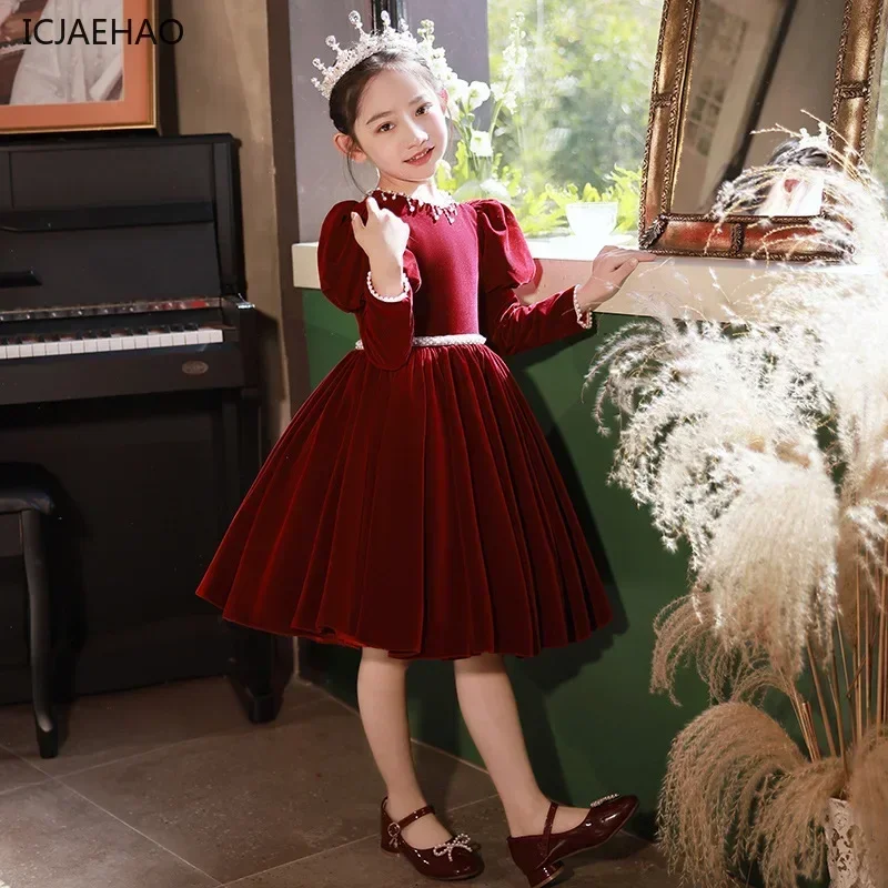 ICJAEHAO 2025 Children's Dress Girls' Princess Red Dress High-End New Year Birthday Host Piano Dress Winter Spring Clothes