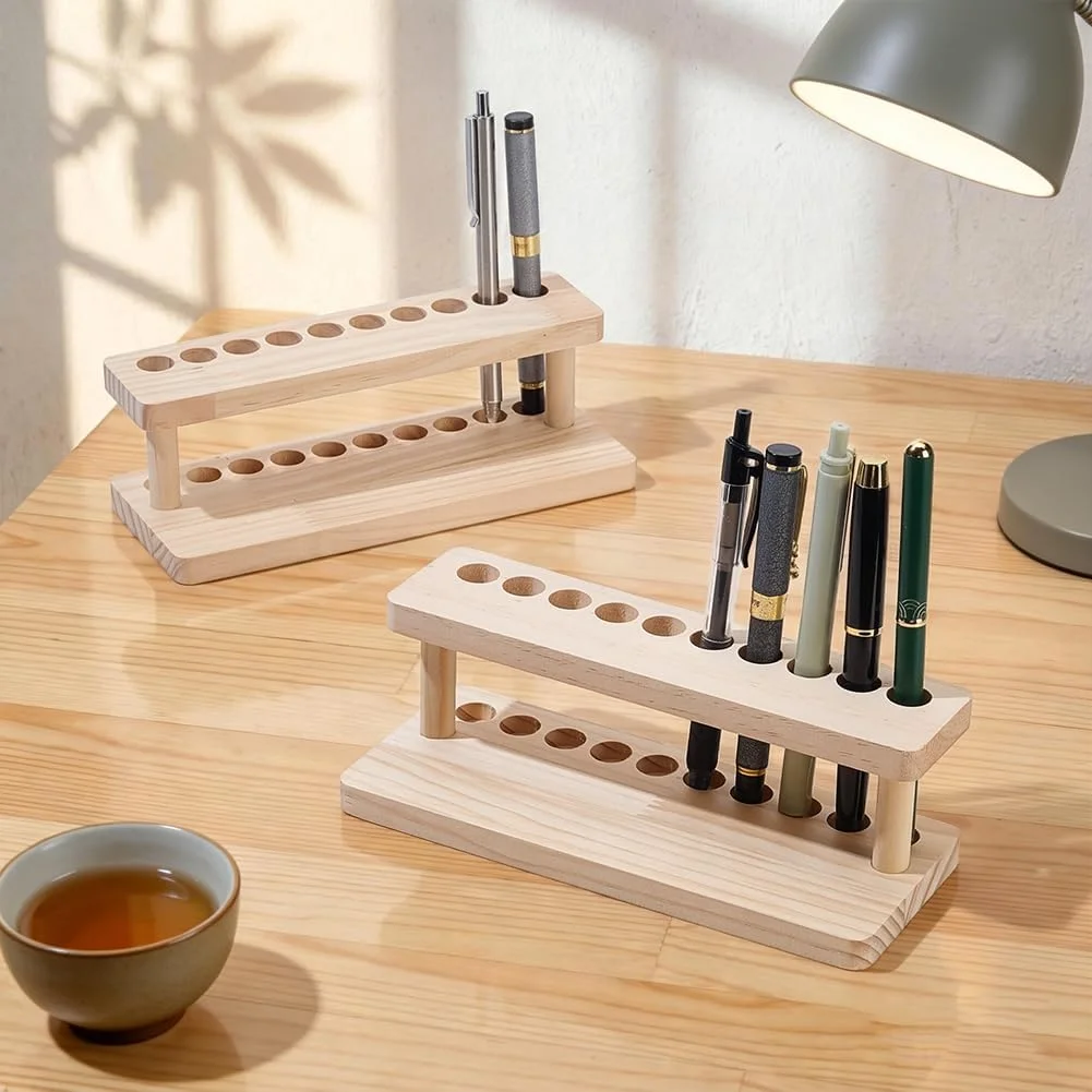 10-Slot Wood Pen Display Stand Coconut Brown Solid Wood Vertical Desk Organizer with Hardwood Finish Fountain Pen Holder