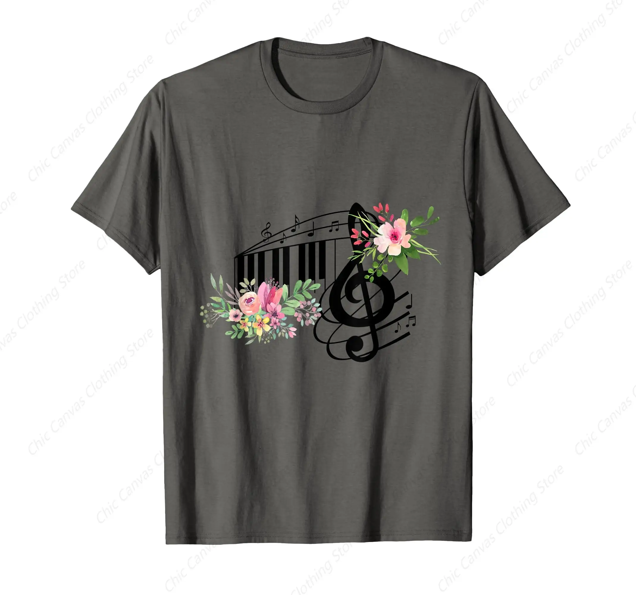 Cut Printed T-Shirt With Piano Keys Notes And Flowers Music Teacher Men's Shirt Pure Cotton Gray Clothes