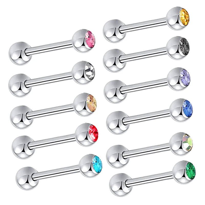 Stainless Steel Crystal Ball Tongue Bars Ring Ear Nail Clasp Ear Bone Barbell Body Piercing Jewelry Wholesale 12 color be choose