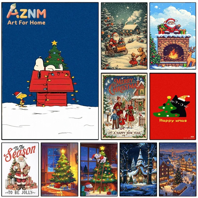 Christmas Winter Holiday Collage Canvas Wall Art Xmas Santa Snow Scene Poster For Bedroom Living Room Home Background Decoration