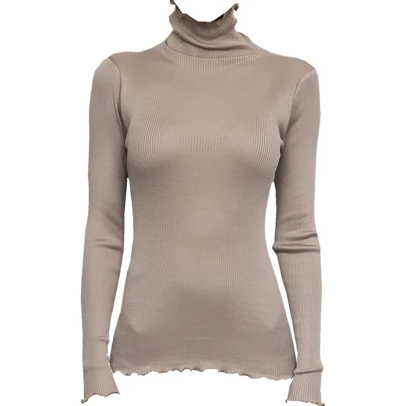 Birdtree 70%Silk 30%Cotton Women Pullovers Solid Turtleneck Slim Rib Sweaters 2023 Autumn Winter Bottoming Knit wear T36075QC