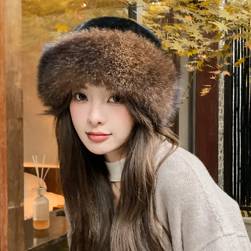 Natural Mink Fur Fisherman Hat For Ladies Winter Warm Fur Hat With Raccoon Fur Luxury Real Fur Caps Soft Thickened Bomber Hat