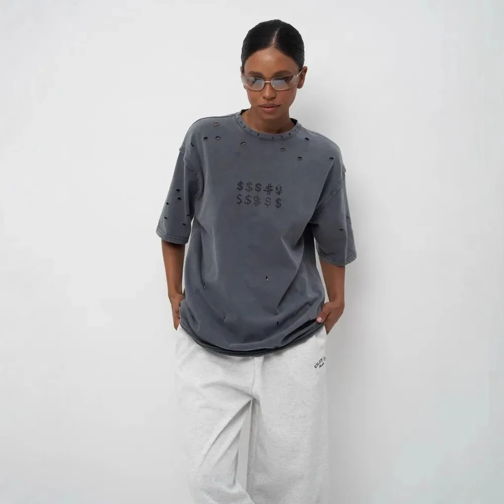 Americano retro velho solto em torno do pescoço mangas curtas verão nova personalidade moda corte lavado impresso camisetas topos