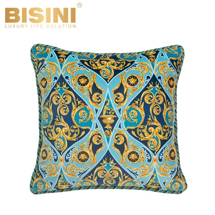 Rococo Style Golden Arabesque design Gold Ivy Living room Cushions Light Blue Vintage backrest Pillows