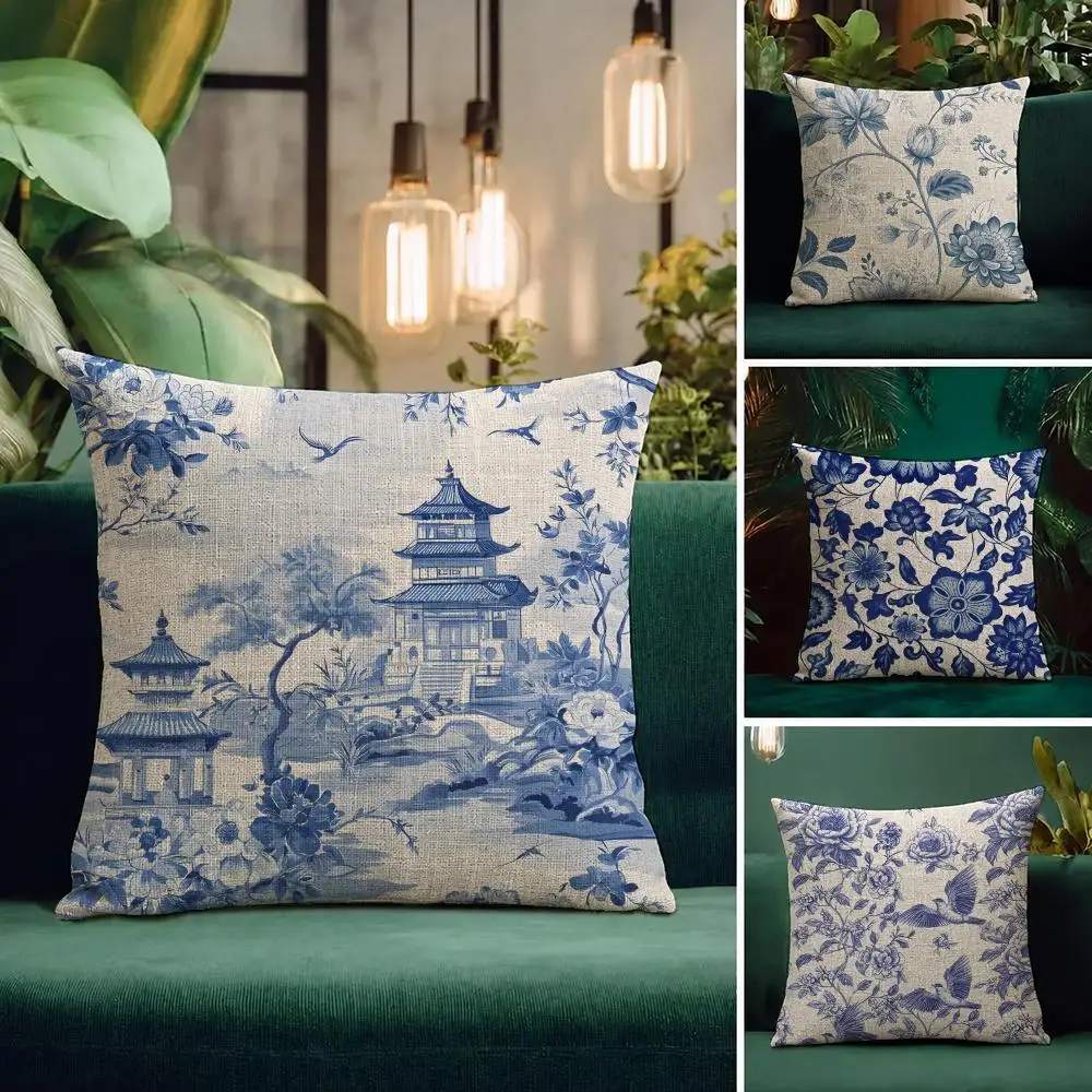 Blue and White Porcelain Series Cushion Cover Natural Linen Pillowcase Set All-in-One Decor Cushion Cover for Sofa Bedroom Chair