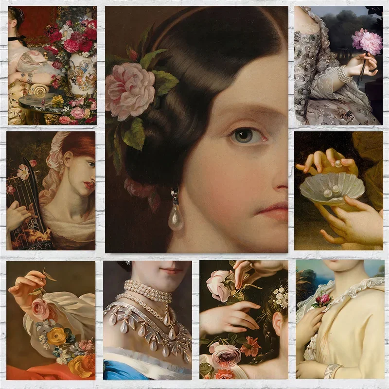 Feminine Woman Baroque Pearl Flower Vintage French Portrait Poster Print Wall Art Pictures Canvas Painting Room Home Decor Gift