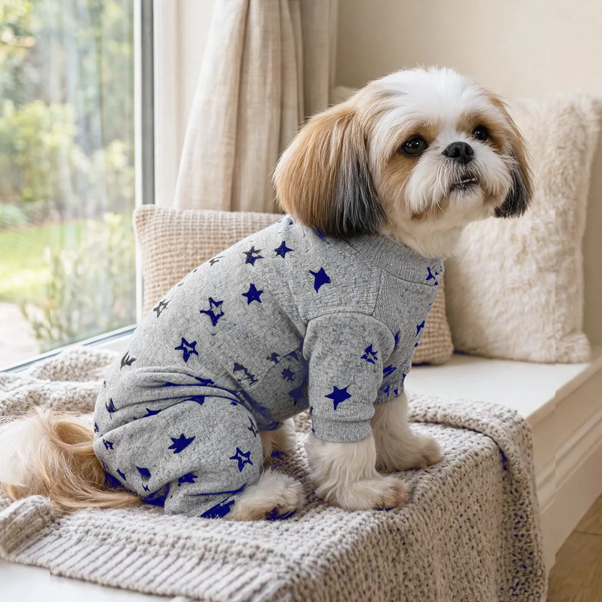 Cute Gray Star Pet Bodysuit Soft Bottoming Shirt for Small Breed Puppies Dogs Spring and Autumn Indoor Clothing