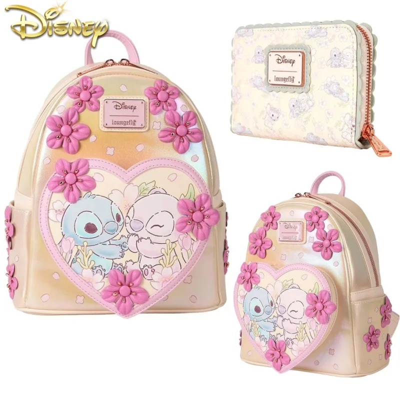 

﻿ Loungefly Disney Stitch & Angel Cherry Blossom Heart Mini Backpack Wall Women'S Purse Card Bag Double Fold Coin Purse Gift