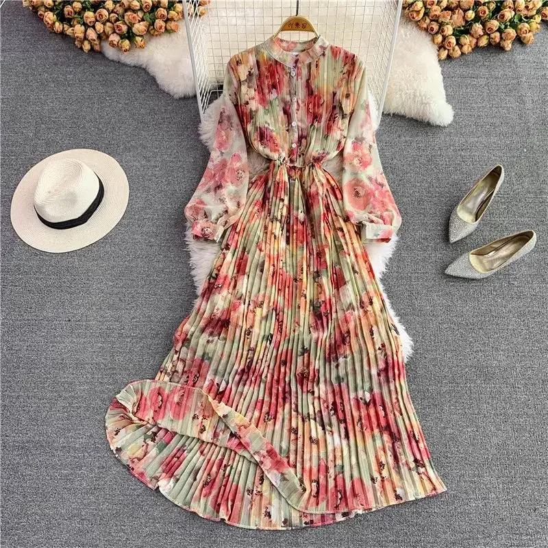 Tie Dye Print Women 2025 Vestidos Tunic Big Swing Dresses Stand Collar Dress Gentle Vestido Femininos Autumn New Clothing