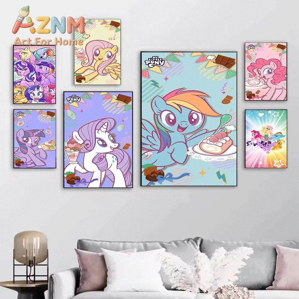 My Little Pony All Characters Sweet Dessert Party Canvas Painting Unframed Cute Cartoon Pony Wall Art Poster for Girls Bedroom