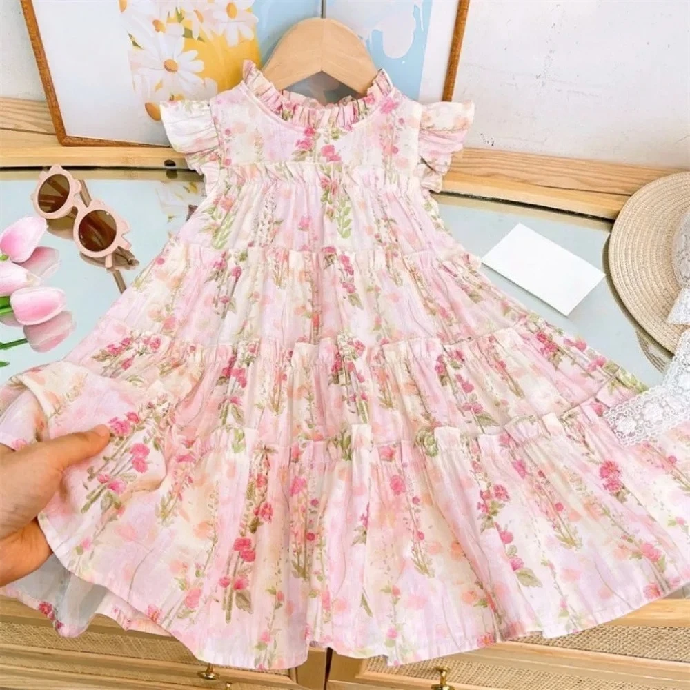 Summer Girls Fashion New O-Neck Sleeveless Flower Print Sweet Princess Dress 1 Pc 2-7 Years Children Casual Cute Clothes