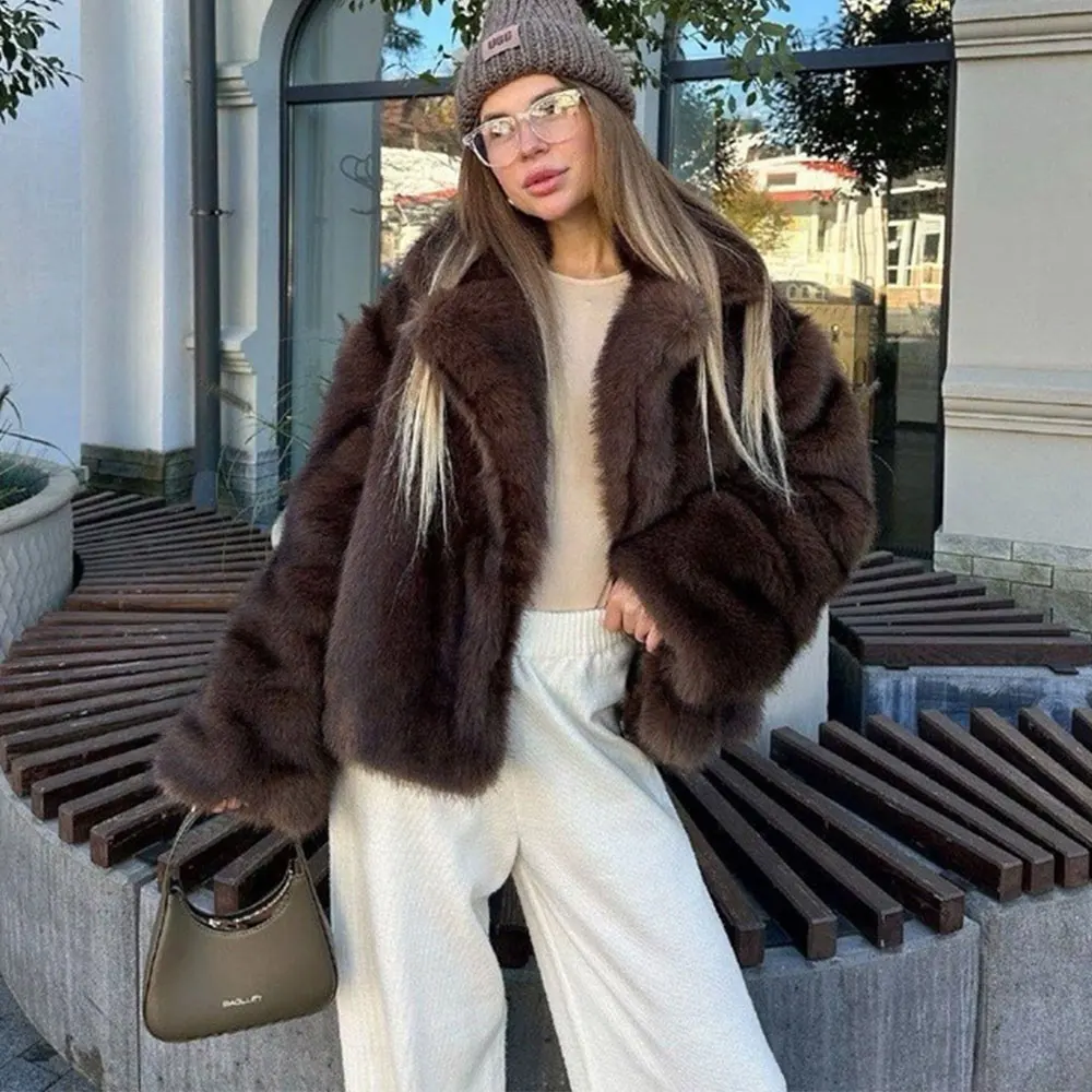 

Women Fluffy Jacket Winter Clothes Short Faux-Fox Fur Coats Korea Lapel Casual Black Outwear Female Thick Warm Plush Overcoat