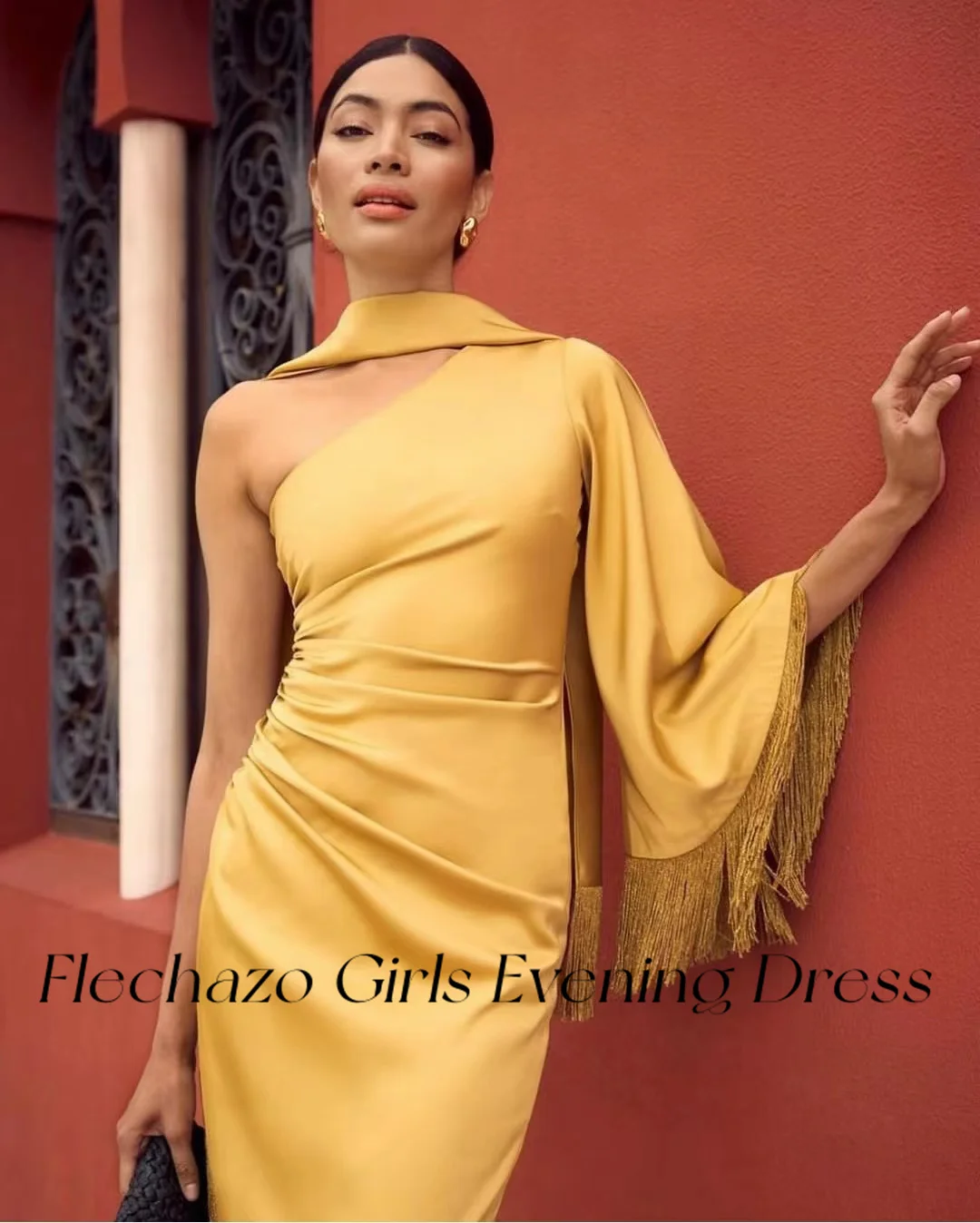 Flechazo Golden Evening Dresses One Shoulder Tea-Length Tassel Formal Party Dress For Women 2024 Saudi Arabia فساتين السهرة