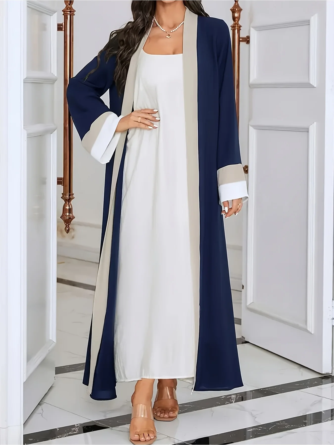 2026 casual and elegant Ramadan open-neck long-sleeved dress, elegant color-blocking slim-fitting extra-long dress, women's wear