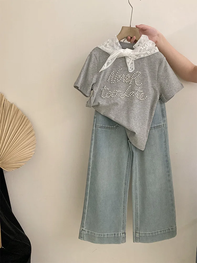 الفتيات لؤلؤة رسالة قصيرة الأكمام TT-shirt2025تصميم متعدد الاستخدامات فضفاض عارضة الجينز قطعتين مجموعة العصرية