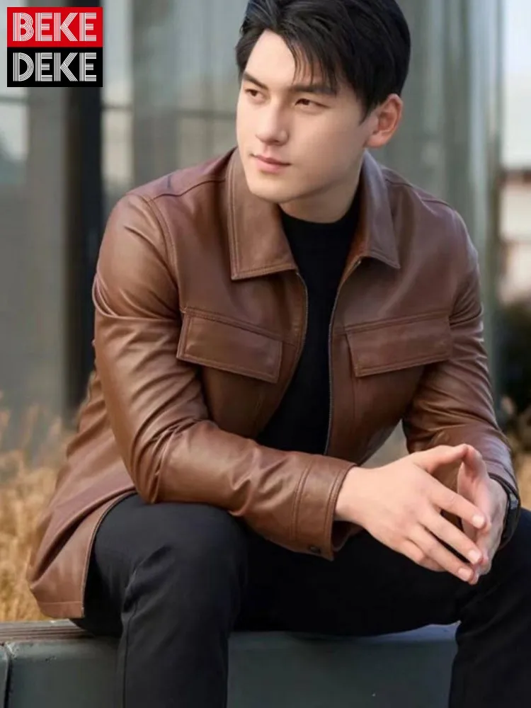 Men Business Work Real Goatskin Jacket Zipper Slim Fit Multi Pockets Genuine Leather Jacket Italian Designer Autumn Outwear Coat