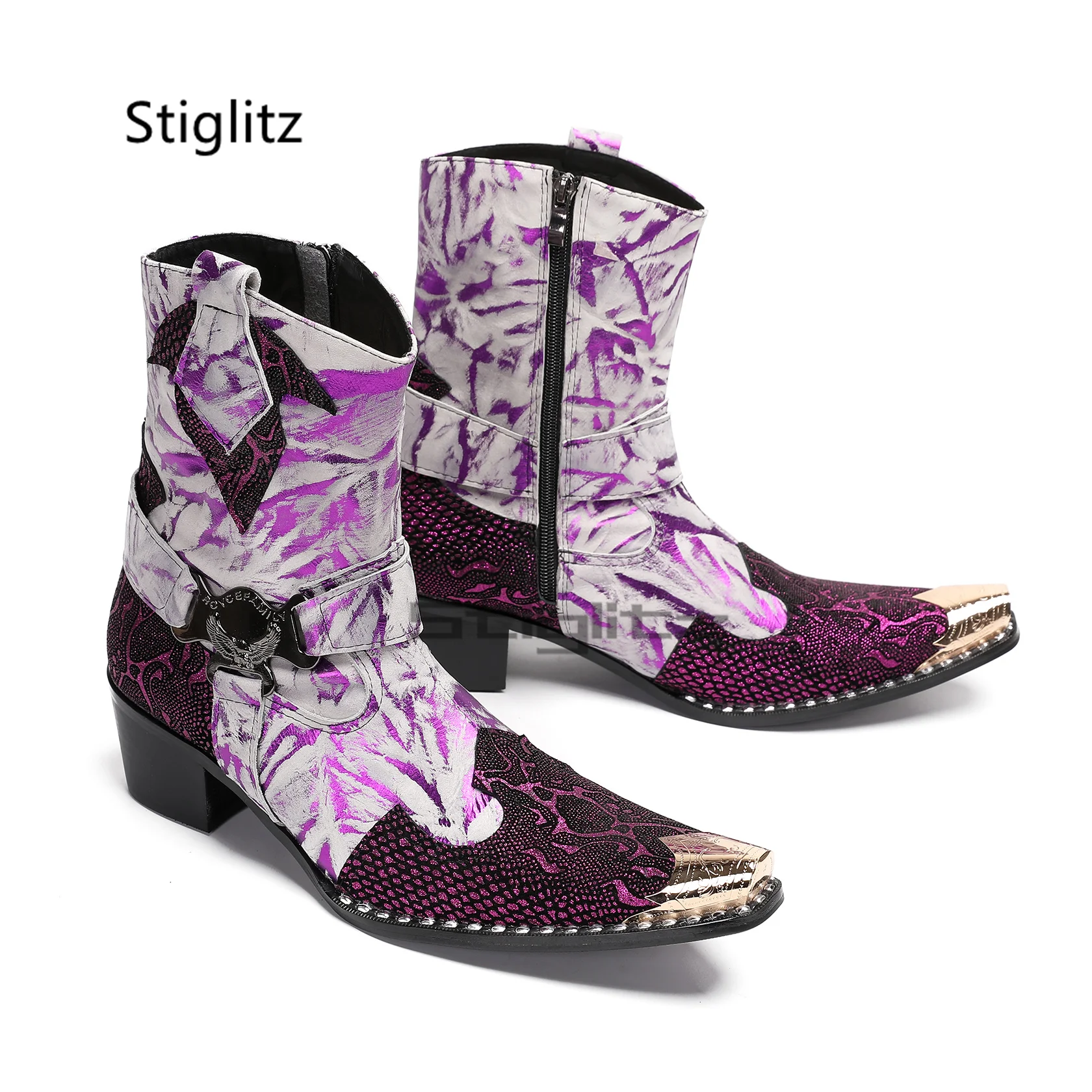 

Purple Prints Patchwork Ankle Boots for Men British Style Metal Pointed Toe Genuine Leather Buckle High Heels Chelsea Boots