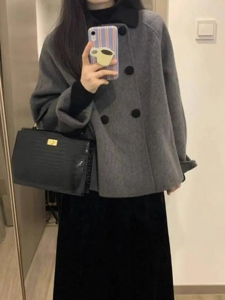 

Korean Fashion 2024 Autumn Winter New Women's Gray Office Long Sleeve Jacket Vintage Double Breasted Short Woolen Coat Popular