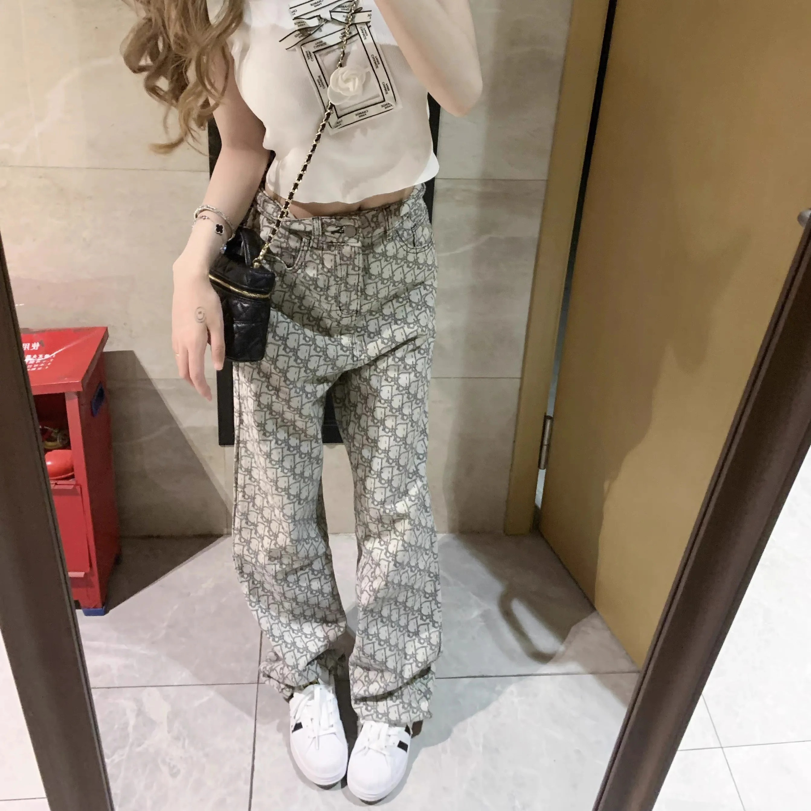 

Женские джинсы с принтом Y2K, американские корейские жаккардовые утягивающие повседневные прямые широкие брюки с высокой талией, новинка осени