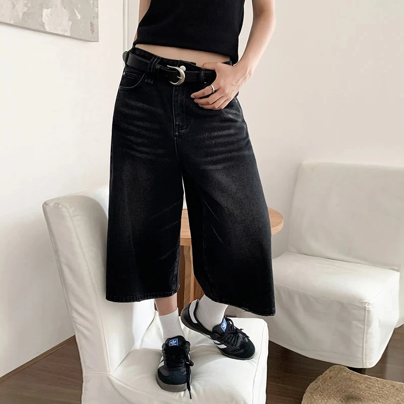 QWEEK Y2k Baggy Vintage Jorts Women High Waist American Streetwear Wide Leg Knee Length Jeans Casual Loose Summer Denim Shorts