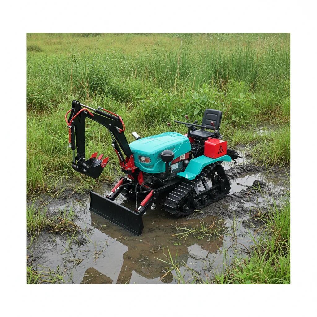 

Настраиваемый тяжелый трактор с навесным оборудованием: экскаватор, бульдозер и прицепы для рытья канав