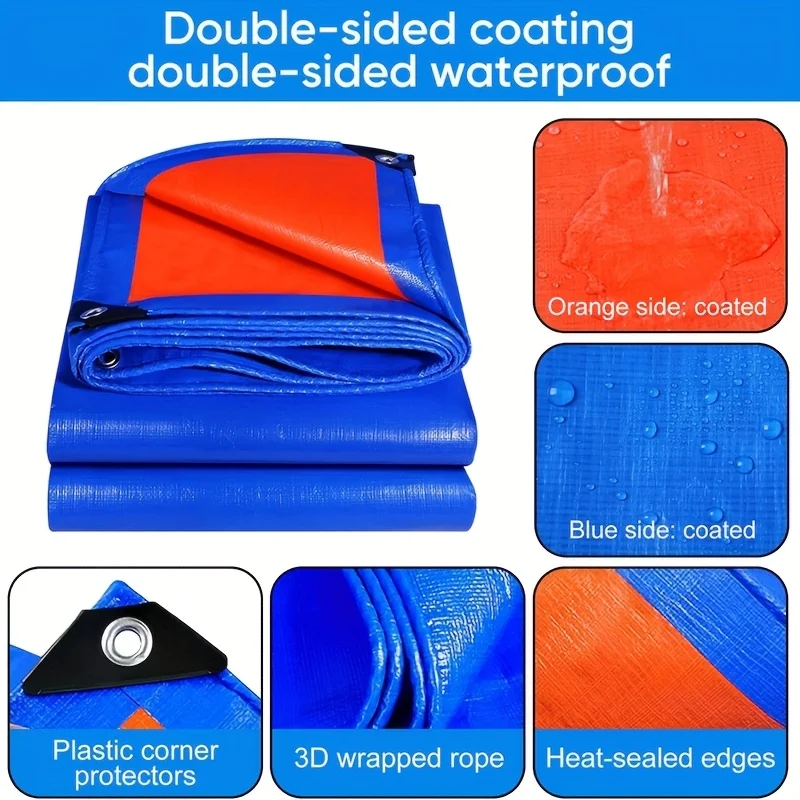 8-Mil Thick Two-Tone Blue and Orange Tarp, Blue Side for Rain and Snow Protection, Orange Side for Sun Protection, Tear-Resistant Pe Material, Reinforced Grommets, Multiple Sizes Available!
