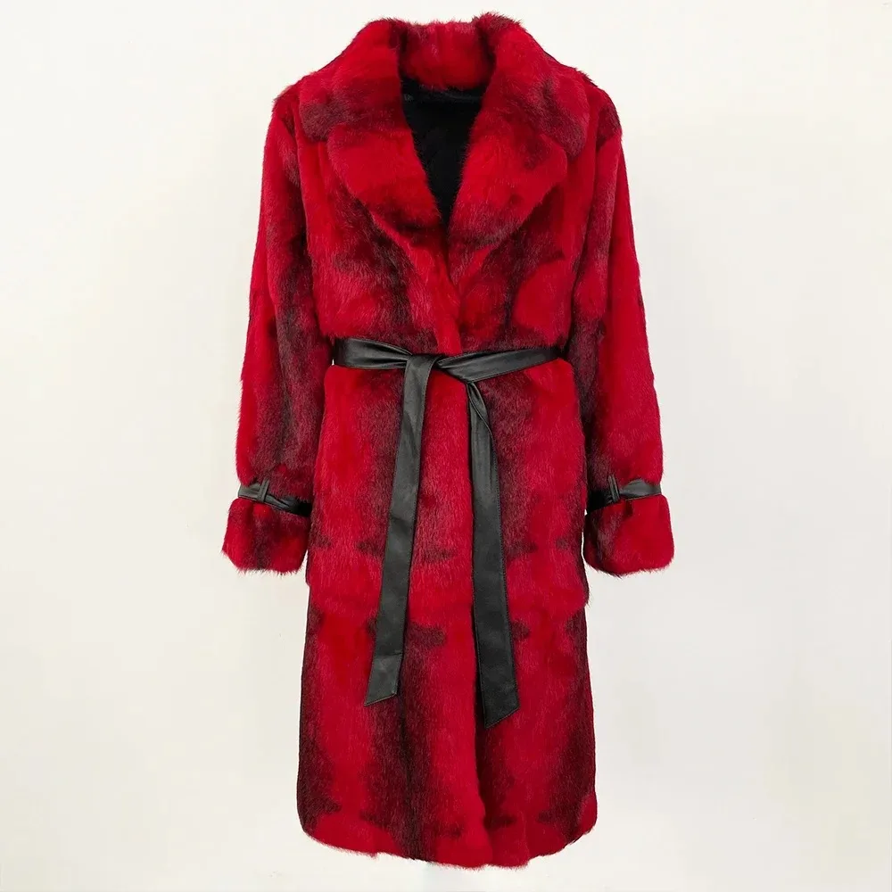 الخريف الشتاء النساء معطف فرو الأرنب فوق الركبة الجلود كاملة المستوردة موضة ليوبارد طباعة معطف سميكة الدافئة الفراء المتكاملة #5