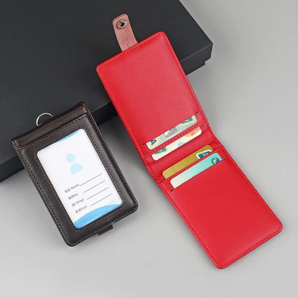 

Leather ID Tag Badge Holder Buckle Protective Employee Pass Work Card Case with Lanyard 5 Slots Flip Chest Card Bag