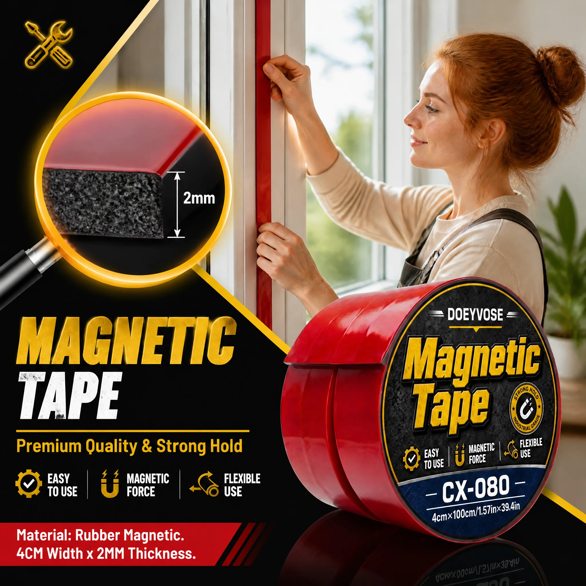 Multipurpose Magnetic Strip Self‑Adhesive Tape 40mm Wide 2mm Thick 1M for Household