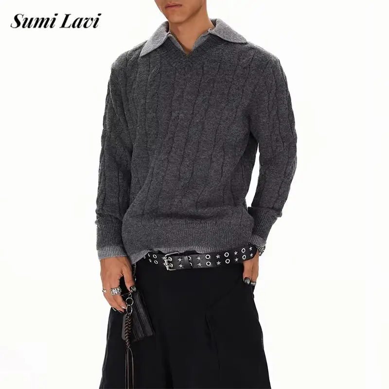 

Vintage Textured Knitted Mens Sweater Polos Fall Winter Daily Casual Long Sleeve Knit Pullovers Men Fashion Knitting Sweaters