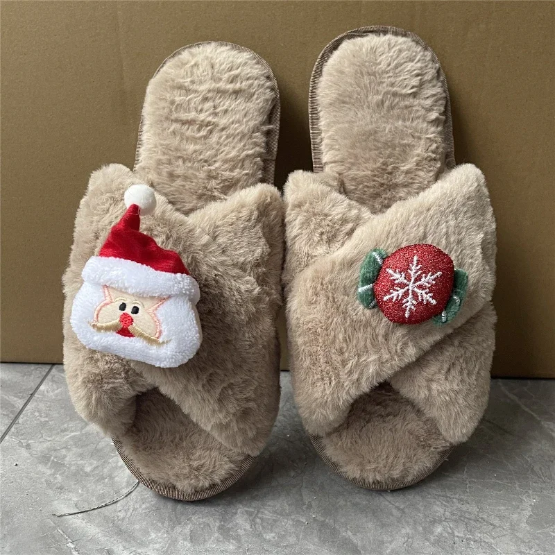 Winter Christmas tree Claus Fluffy Cute Slippers Cartoon Winter Couple House Warm Shoes Designer Flat Casual New Year's Gift