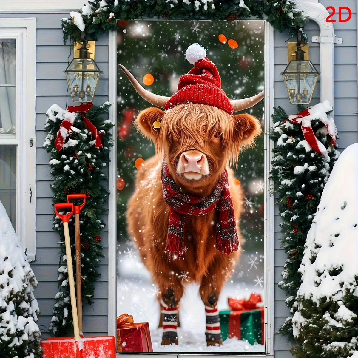 خطة ثنائية الأبعاد، قطعة واحدة، زخرفة بوابة البقرة الاسكتلندية لعيد الميلاد، غطاء زينة لطيف للعطلات #5