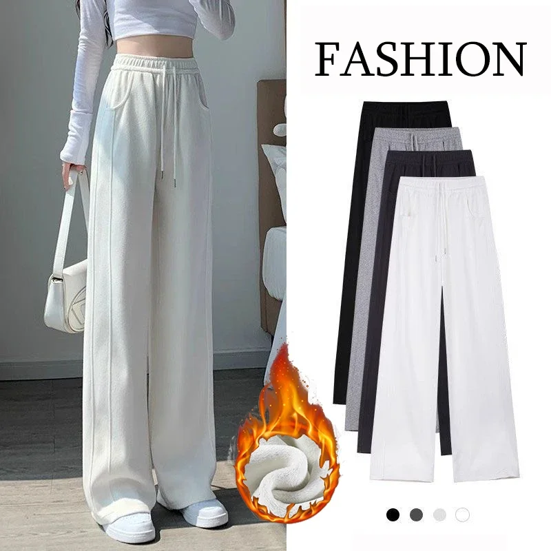 

Женские зимние теплые тонкие расклешенные брюки, классические флисовые брюки с высокой талией для девочек, женские корейские термоплюшевые спортивные штаны