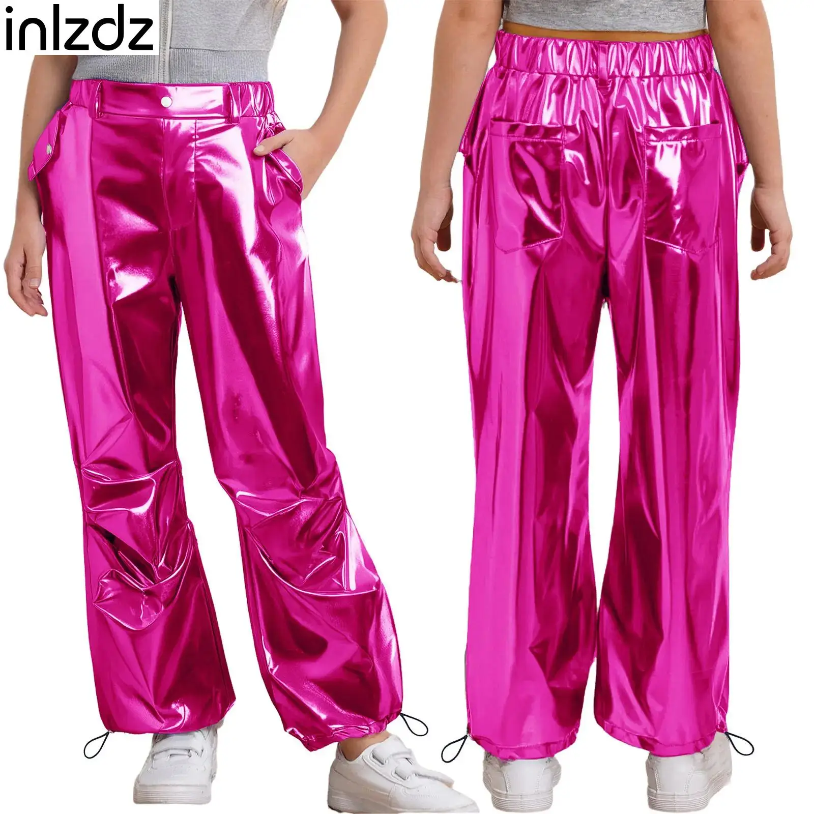 

Kids Girls Metallic Cargo Pants Drawstring Leg Opening Trousers Hip-Hop Jazz Dance Streetwear for Prom Party Stage Performance