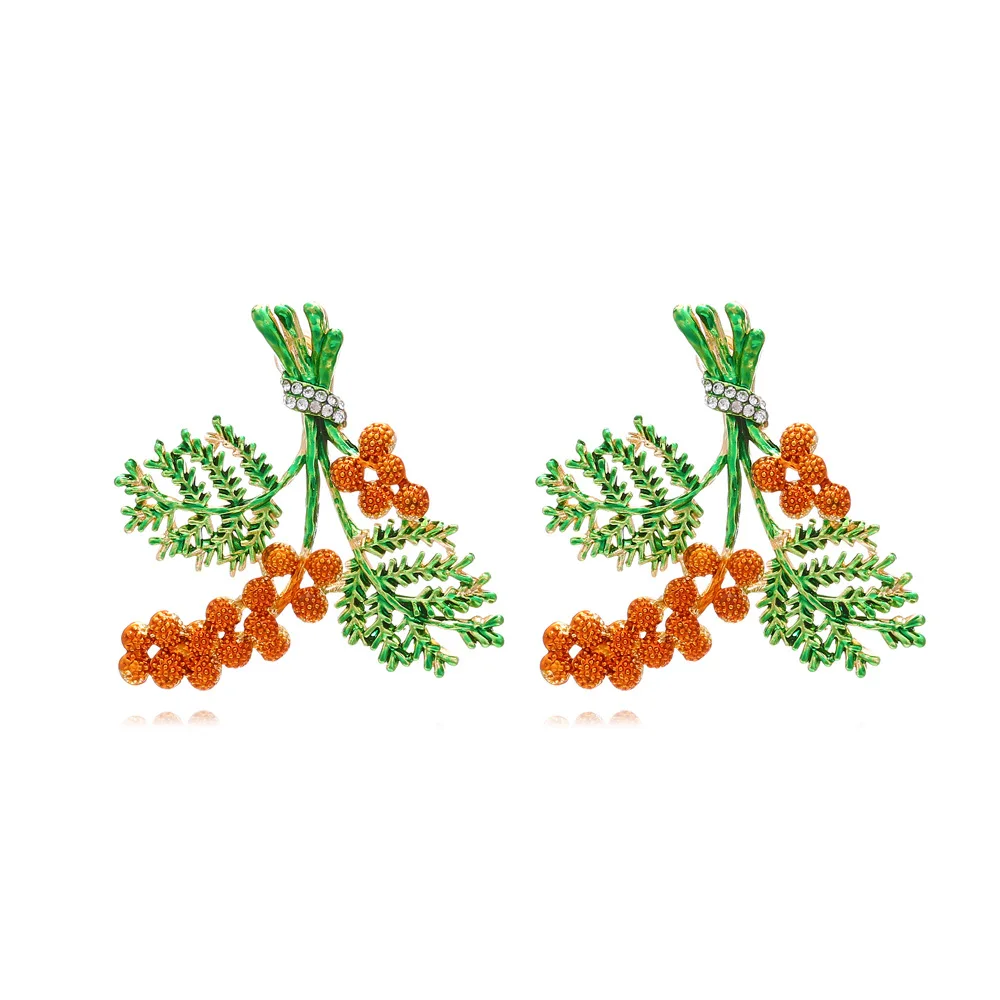 Cute alloy thinly coated pine cone earrings female sweet temperament oiled rhinestone leaf stud earrings female