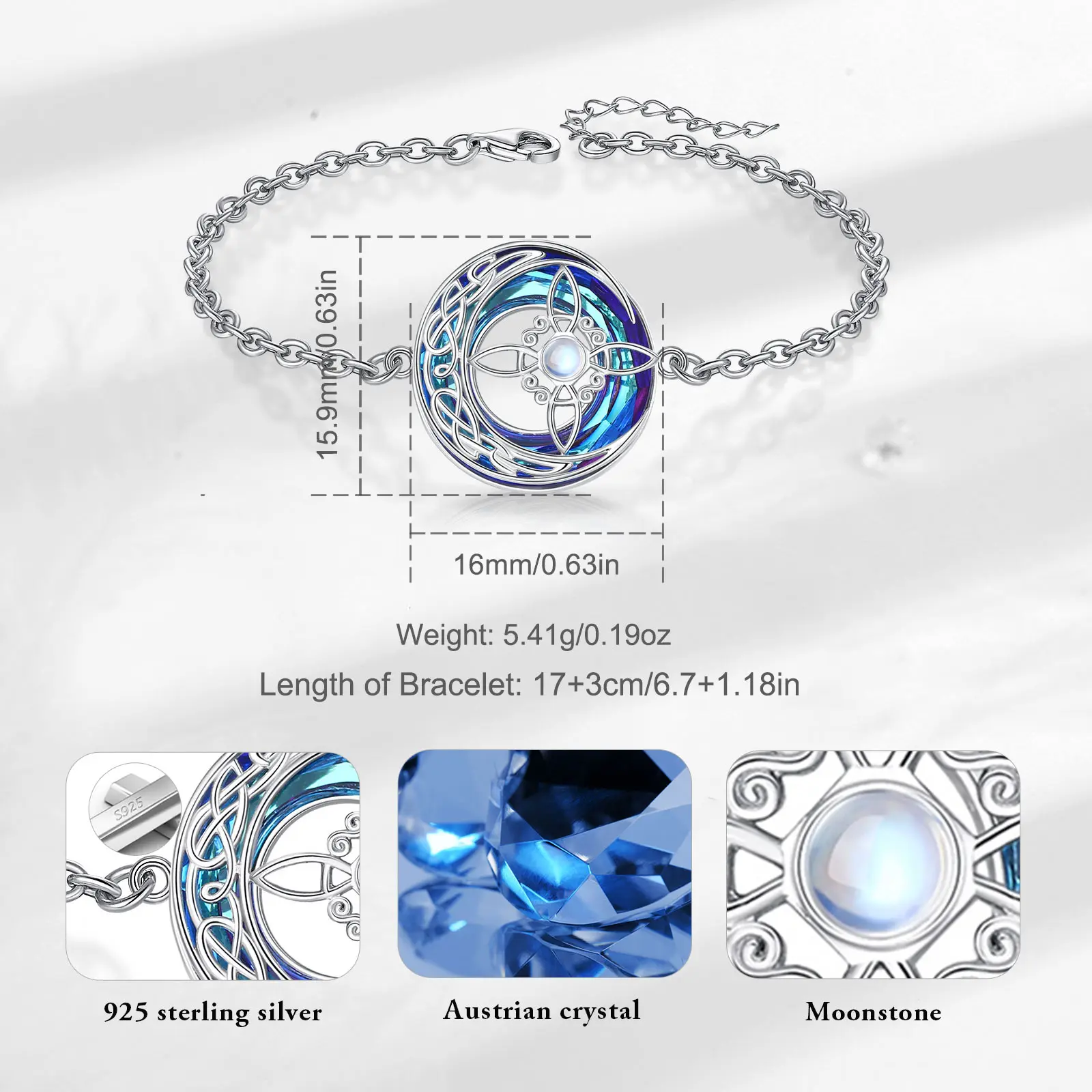 Eudora 925 Sterling Silver Witch Knot Bracelet for Women Man Austrian Crystal Celtic Knot Chain Bracelet Witchcraft Jewelry Gift