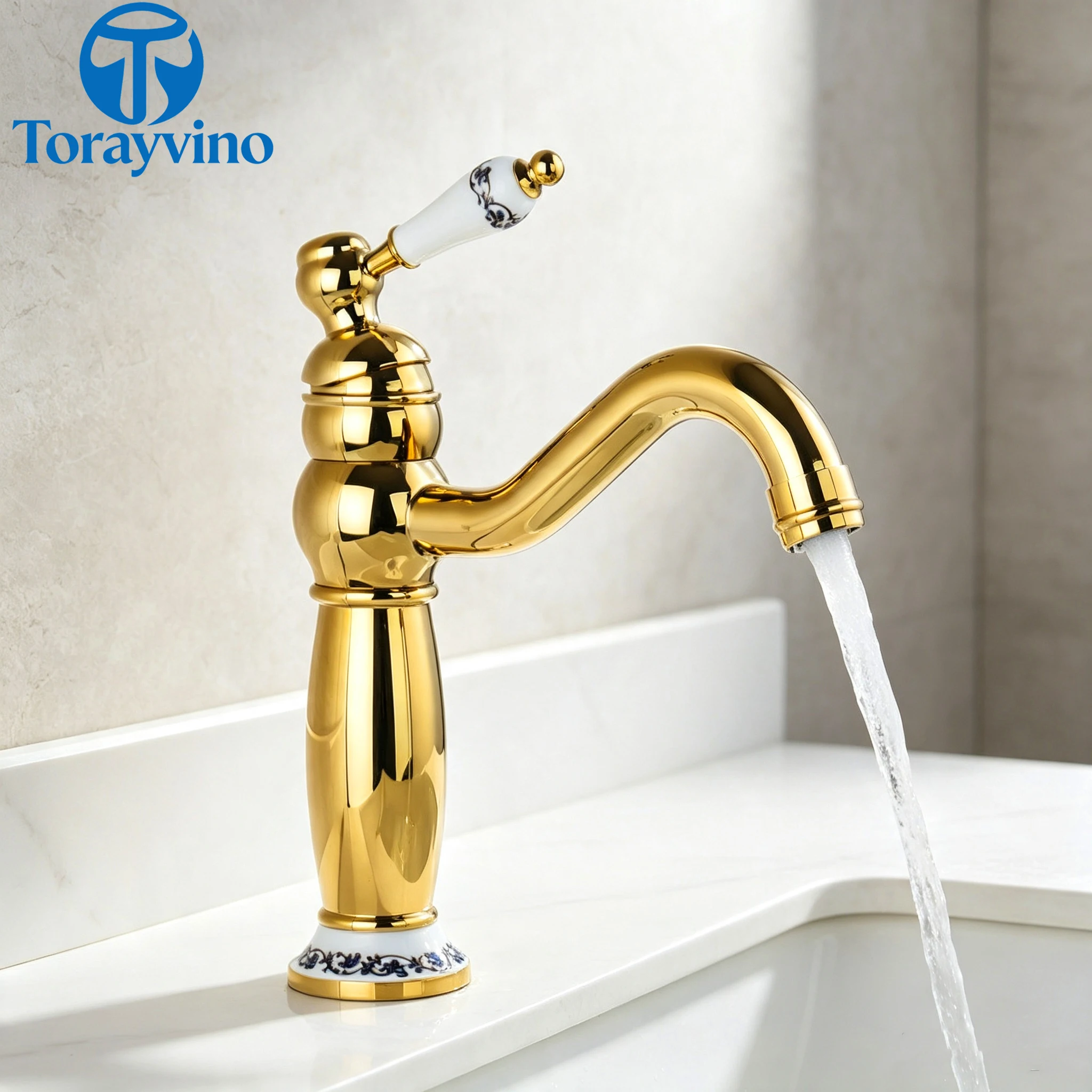 Torayvino Luxury Bathroom Basin Gold Brass Single Handle Faucets 360 Swivel Spout Sink Hot Water Faucet Mixer Tap For Kitchen