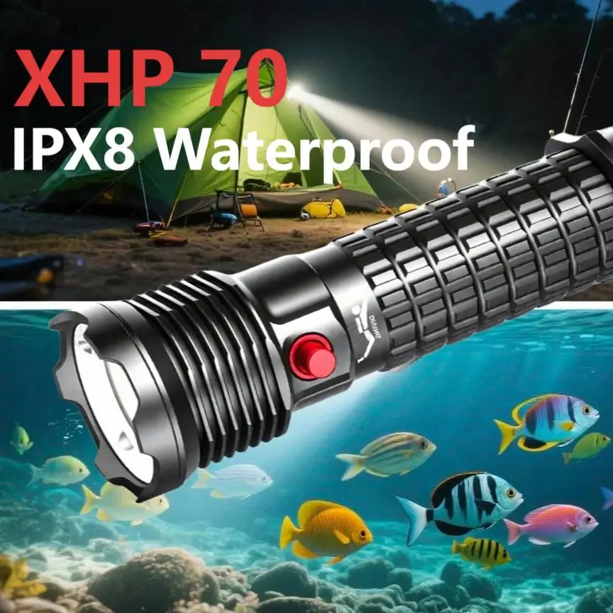 IPX8 Dive Flashlight XHP70 LED Underwater Torch Aluminum Alloy USB-C Rechargeable Power Bank Scuba DivingCave Cave Exploration