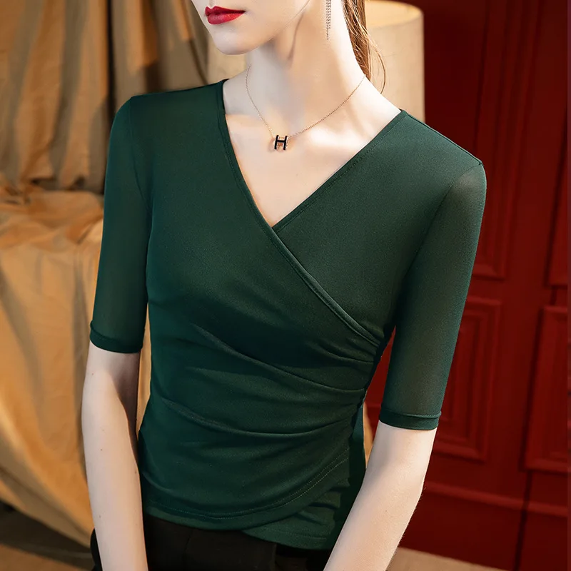 Mesh Base Women's Shirt Spring Autumn Crossover V-neck Lady's Mid-length Sleeves 3/5 Sleeve Girls T-shirt Fitted Layering Top