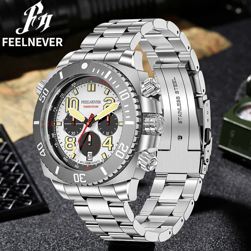 FeelNever Professional Luxury Sapphire Glass Man Watch Luxury Stainless Steel Luminous 500m Waterproof Auto Date Quartz Watches