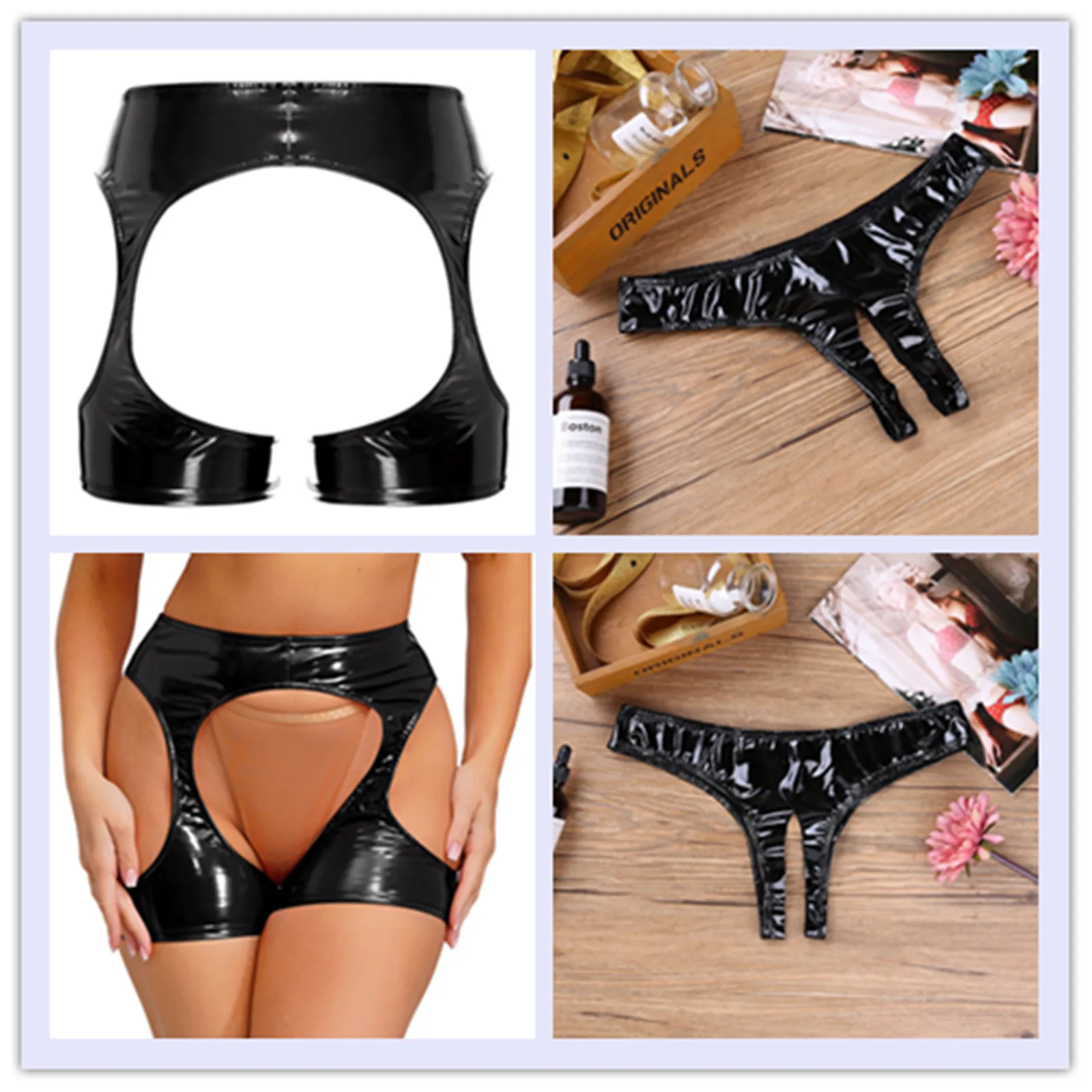

Womens Hollow Out Crotchless Latex Bodycon Boxer Shorts Lingerie Sexy Open Crotch Thigh Underwear Erotic Patent Leather Panties