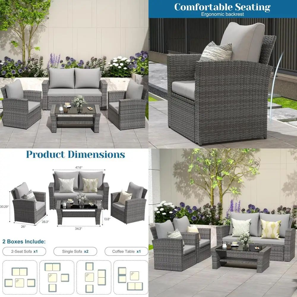 

Комплект садовой мебели из 4 предметов, секционный диван для улицы с кофейным столиком из закаленного стекла и подушками, плетеный ротанговый комплект для патио